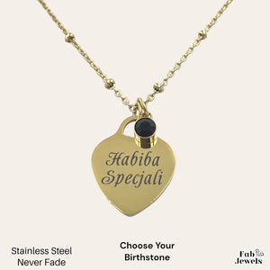 Engraved Stainless Steel 'Habiba Specjali’ Heart Pendant with Personalised Birthstone Inc. Necklace