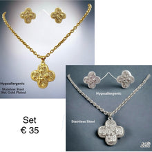 Load image into Gallery viewer, Stainless Steel Yellow Gold Plated Clover Flower Set Necklace and Matching Earrings