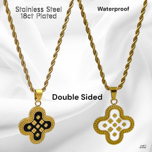 18ct Gold Plated on Stainless Steel Maltese Cross Clover Double Sided Pendant Inc. Rope Chain