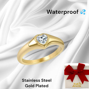 18ct Gold Plated Stainless Steel Waterproof Ring with Heart CZ