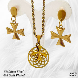 18ct Gold Plated on Stainless Steel Maltese Cross Set Pendant Hypoallergenic Earrings Rope Chain