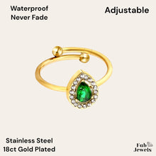 Load image into Gallery viewer, 18ct Gold Plated on Stainless Steel Adjustable Ring with Green Cubic Zirconia Waterproof