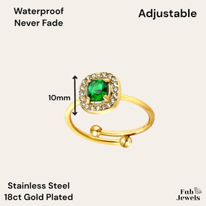 18ct Gold Plated on Stainless Steel Adjustable Ring with Green Cubic Zirconia Waterproof