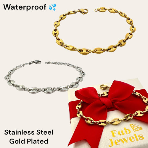 18ct Yellow Gold Plated Stainless Steel Silver Coffee Bean Bracelet