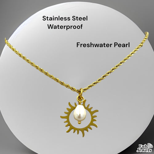 18ct Gold Plated Rope Chain with Freshwater Pearl Sun Pendant