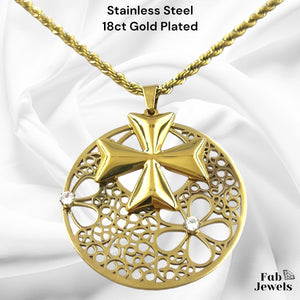 18ct Gold Plated on Stainless Steel Maltese Cross Flower Double Pendant Inc. Rope Chain