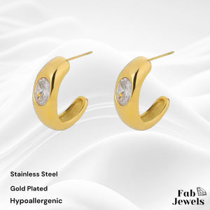 Hypoallergenic Yellow Gold Plated Half Hoop Earrings with CZ