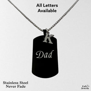 Stainless Steel Yellow Gold Black Engraved Dad Dog Tag Pendant and Initial with Necklace