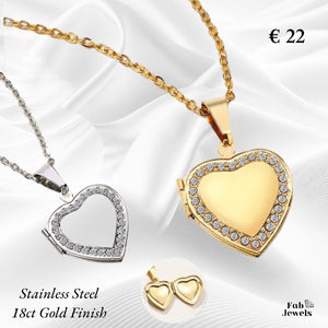 Stainless Steel Yellow Gold Plated Silver Heart Locket with Cubic Zirconia Necklace Included