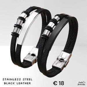 Stylish Leather Black Men’s Multi Layered Bracelet Stainless Steel Bar Gold Silver Black