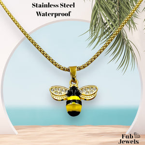 Yellow Gold Plated Stainless Steel Bee Charm Pendant with Necklace