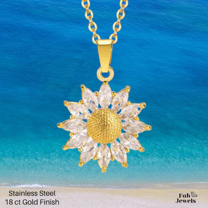 Sun Flower 18ct Gold Plated Stainless Steel Pendant and Necklace with Cubic Zirconia