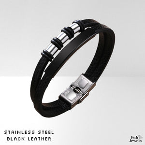Stylish Leather Black Men’s Multi Layered Bracelet Stainless Steel Bar Gold Silver Black