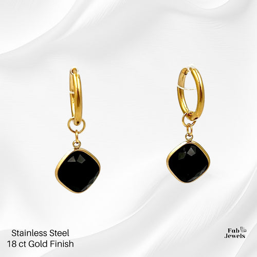 Gold Plated Stainless Steel Hypoallergenic Hoop Earrings with Black Onyx Charms