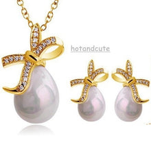 Load image into Gallery viewer, Yellow Gold Plated Pearl Set Earrings Necklace and Pendant