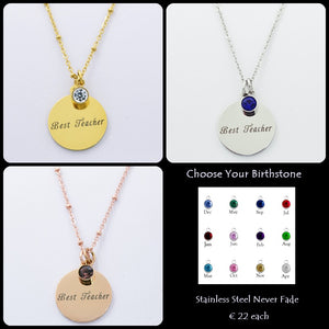 Engraved Stainless Steel 'Best Teacher' Pendant with Personalised Birthstone Inc. Necklace