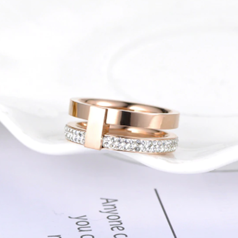 Stainless Steel Rose Gold Plated Layer Ring with Swarovski
