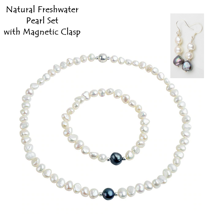 Elegant Natural Freshwater Pearl Set Earrings Necklace and Bracelet