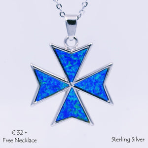 MALTESE CROSS Solid Sterling Silver 925 Blue Opal Pendant Free Postage