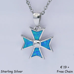 MALTESE CROSS Sterling Silver 925 Blue Opal Pendant Free Chain