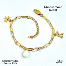 Load image into Gallery viewer, Charm Bracelet with Personalised Initial Including Maltese Cross Charm and Pearl Charm