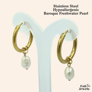 Stainless Steel Baroque Freshwater Pearls Dangling Charms Hoop Earrings Hypoallergenic