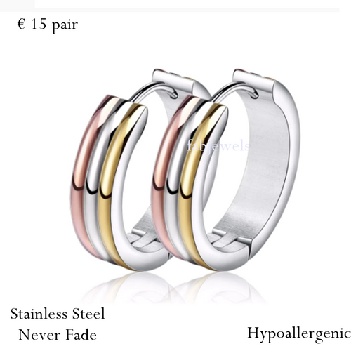 Stainless Steel Hypoallergenic 3 Tone Hoop Earrings