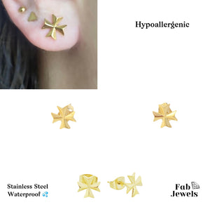 Stainless Steel Silver / Yellow Gold Plated Maltese Cross Stud Earrings Hypoallergenic