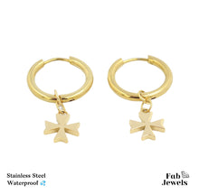 Load image into Gallery viewer, Stainless Steel Silver / Yellow Gold Maltese Cross Dangling Charms Hoop Earrings Hypoallergenic