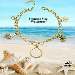 Yellow Gold Plated Stainless Steel Double Bracelet with Maltese Cross Snail Shell Charms