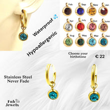 Load image into Gallery viewer, Gold Plated Stainless Steel Hypoallergenic Waterproof Hoop Earrings with Birthstone Charms