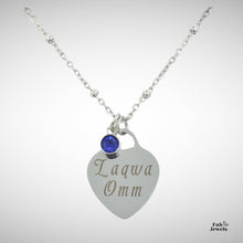 Load image into Gallery viewer, Engraved Stainless Steel &#39;Laqwa Omm’ Heart Pendant with Personalised Birthstone Inc. Necklace