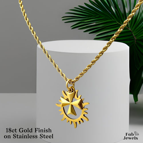Yellow Gold Plated on Stainless Steel Sum Maltese Cross Pendant with Rope Chain