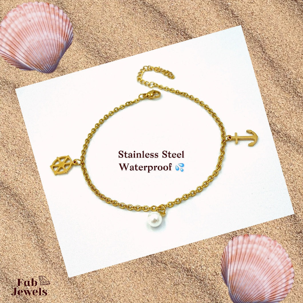 Stainless Steel 316L Anchor Pearl Anklet Yellow Gold White Gold Plated