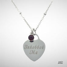 Load image into Gallery viewer, Engraved Stainless Steel &#39;Inhobbok Ma’ Heart Pendant with Personalised Birthstone Inc. Necklace