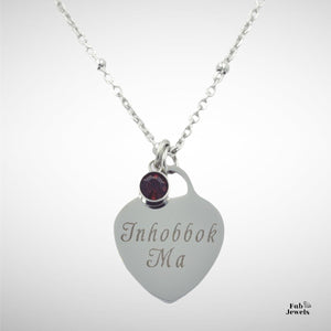 Engraved Stainless Steel 'Inhobbok Ma’ Heart Pendant with Personalised Birthstone Inc. Necklace