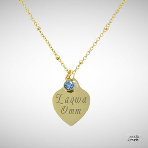 Engraved Stainless Steel 'Laqwa Omm’ Heart Pendant with Personalised Birthstone Inc. Necklace