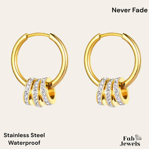 Hypoallergenic Yellow Gold Plated Hoop Earrings with 3 Sparkling Rings