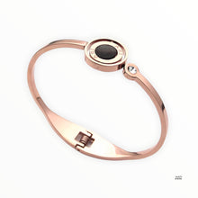 Load image into Gallery viewer, Stainless Steel Yellow/ Rose Gold Plated Silver Twist Bangle Bracelet with Mother of Pearl and Onyx