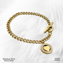 Load image into Gallery viewer, 18ct Yellow Gold Plated Silver on Stainless Steel Heart Charm Toggle Bracelet
