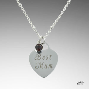 Engraved Stainless Steel 'Best Mum’ Heart Pendant with Personalised Birthstone Inc. Necklace