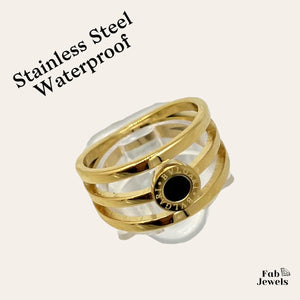 Stainless Steel Yellow Gold Plated Waterproof Ring with Onyx