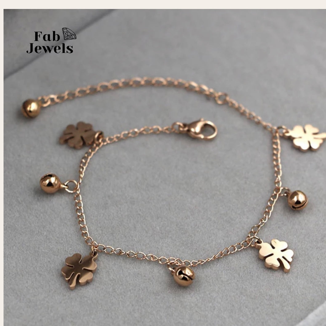 Yellow Rose Gold plated Stainless Steel Clover Charm Anklet
