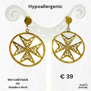 18ct Gold Plated on Stainless Steel Maltese Cross Set Pendant Hypoallergenic Earrings Rope Chain
