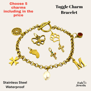 Yellow Gold Plated Stainless Steel Toggle Charm Bracelet Maltese Cross Initial Paw Birthstone