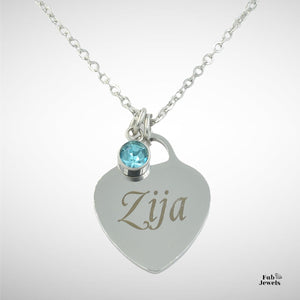 Engraved Stainless Steel 'Zija ’ Heart Pendant with Personalised Birthstone Inc. Necklace