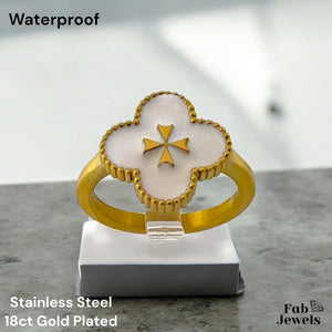 18ct Gold Plated Stainless Steel White Clover Ring with Maltese Cross