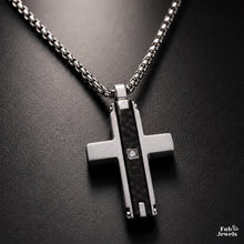 Load image into Gallery viewer, Carbon Fiber Fusion Men’s Cross Pendant with Inlaid Cubic Zirconia Stainless Steel 316L 18ct Gold Plated Necklace  Included