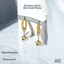 Load image into Gallery viewer, Gold Plated Stainless Steel Hypoallergenic Hoop Earrings with Flower Charms