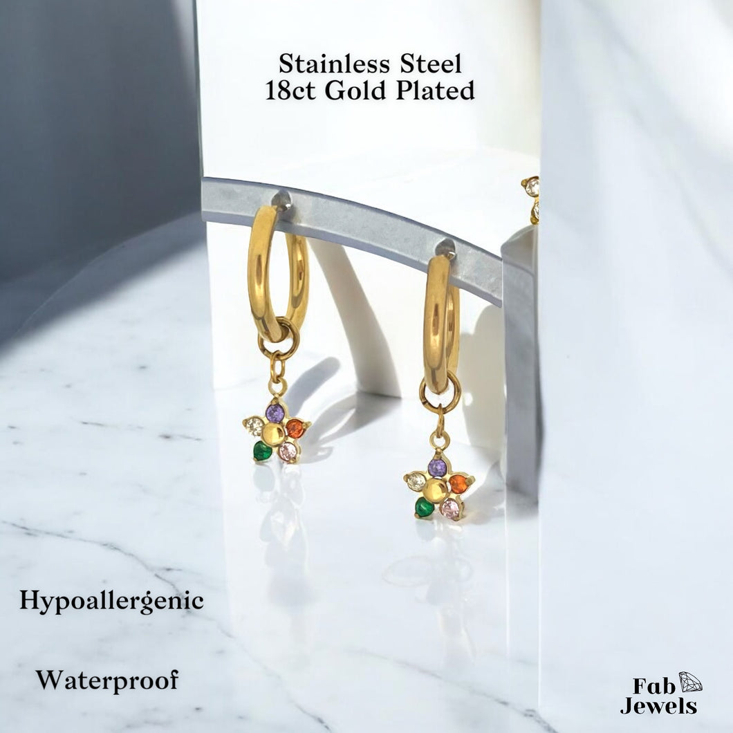 Gold Plated Stainless Steel Hypoallergenic Hoop Earrings with Flower Charms